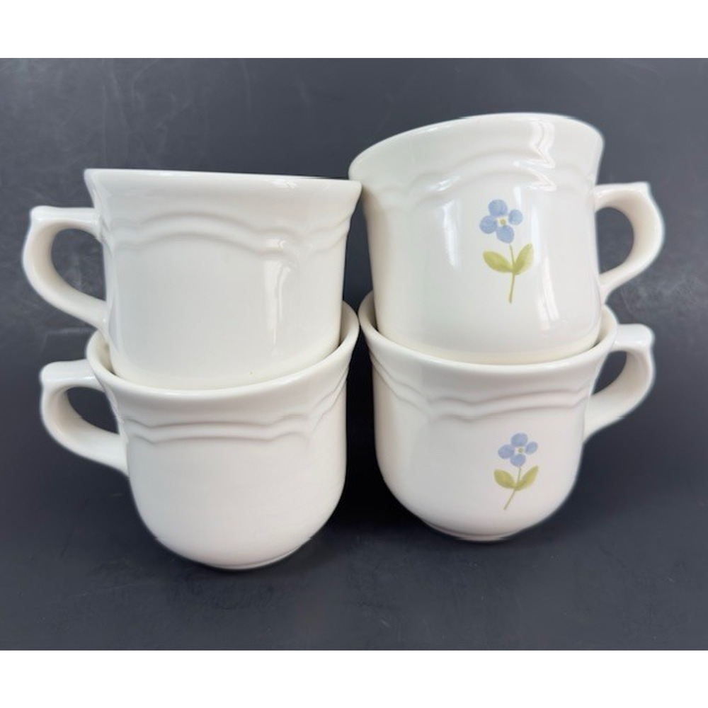 Pfaltzgraff Garland 4 Flat Cups White w/ Blue Flower 1980s Discontinued Vintage